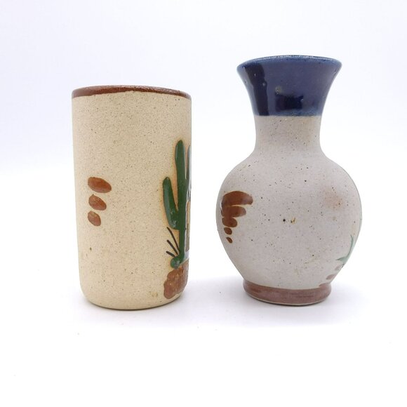 Mexican Tonala Pottery Vases 2 Hand-Painted Playa del Carmen Signed Vintage - Picture 6 of 14